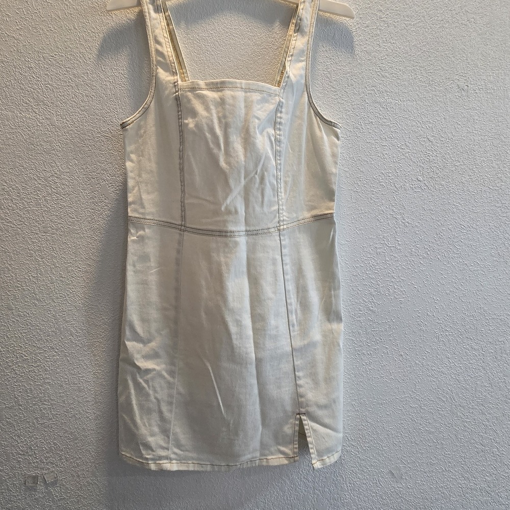 Lovefire Women's Cream Denim Mini Dress XL Square Neck Sleeveless Stretch Zip...